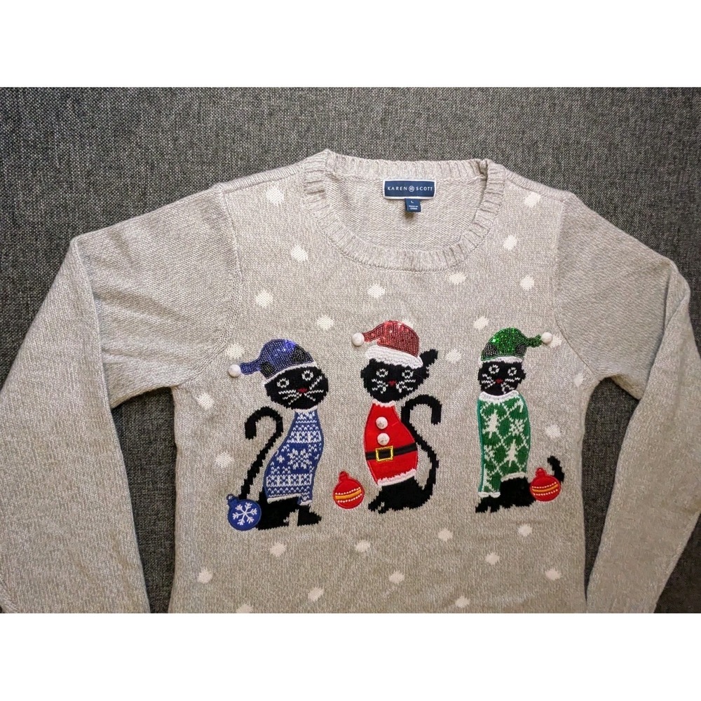 Karen Scott‎ Christmas Cats Sweater 3D Gray Knit Grandmacore Women's Large L - Picture 2 of 7